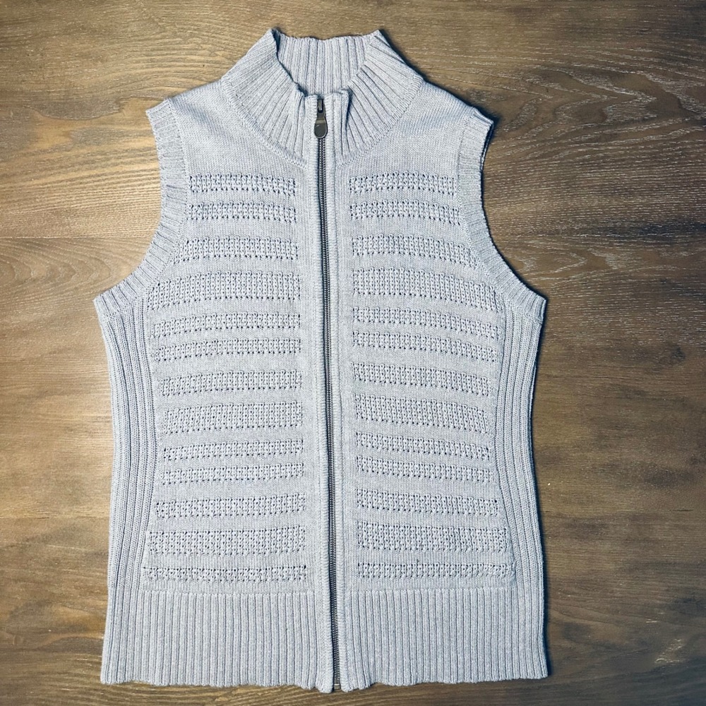 Pendleton Womens Grey Cotton Full Zip Mock Neck Textured Knit Sweater Vest TC652